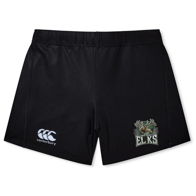 The Lewis County Elks Women’s Yokohama Short by Canterbury features black athletic shorts with the iconic EMB Canterbury logo on the left leg and a distinctive Lewis County Elks emblem on the right leg, displayed against a white background. Perfect as women’s rugby shorts or for fans of the classic Yokohama Short style.