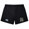 The Lewis County Elks Women’s Yokohama Short by Canterbury features black athletic shorts with the iconic EMB Canterbury logo on the left leg and a distinctive Lewis County Elks emblem on the right leg, displayed against a white background. Perfect as women’s rugby shorts or for fans of the classic Yokohama Short style.