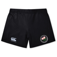 Introducing the Society of Iowa Rugby Referees Women’s Yokohama Short by EMB Canterbury: Featuring a black athletic design with the Canterbury logo on the left leg and a circular floral badge on the right leg, these shorts are crafted from lightweight, durable fabric to ensure a secure fit perfect for active performance.