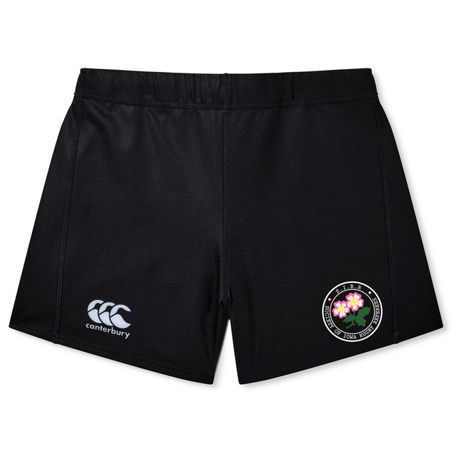 Introducing the Society of Iowa Rugby Referees Women’s Yokohama Short by EMB Canterbury: Featuring a black athletic design with the Canterbury logo on the left leg and a circular floral badge on the right leg, these shorts are crafted from lightweight, durable fabric to ensure a secure fit perfect for active performance.