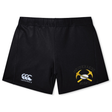 Black Mother Lode Women’s Yokohama Short by Canterbury rugby shorts featuring a brand logo on the right leg and a crossed pickaxes and rugby ball emblem on the left.