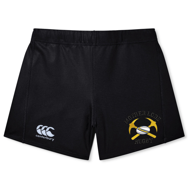 Black Mother Lode Women’s Yokohama Short by Canterbury rugby shorts featuring a brand logo on the right leg and a crossed pickaxes and rugby ball emblem on the left.