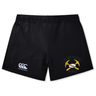 Black Mother Lode Women’s Yokohama Short by Canterbury rugby shorts featuring a brand logo on the right leg and a crossed pickaxes and rugby ball emblem on the left.