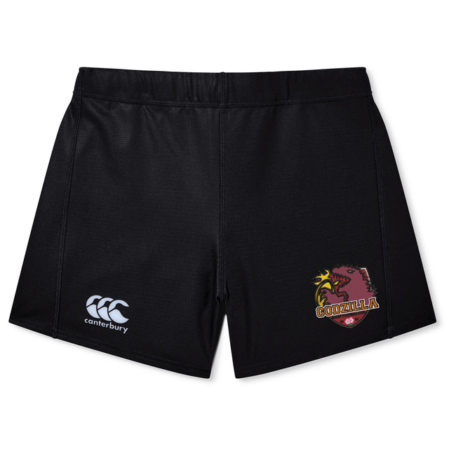 Experience performance and style with the Godzilla Rugby Football Club Women’s Yokohama Short by Canterbury from EMB Canterbury, featuring the “CCC Canterbury” logo on the left leg and a striking “Godzilla” graphic on the right—ideal as women’s rugby shorts. Shown here on a crisp white background.