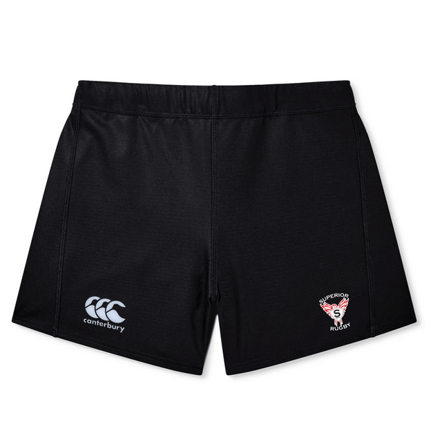The Superior Rugby Club Women's Yokohama Short by Canterbury, from EMB Canterbury, are black rugby shorts with the Canterbury logo on the left leg and Superior Rugby logo on the right—ideal for rugby fans.