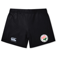 EMB Canterbury Society of Iowa Rugby Referees Women’s Yokohama Shorts—black athletic shorts featuring the Canterbury logo on the left leg and a circular floral emblem with Japanese text on the right leg, perfect as women’s rugby shorts.
