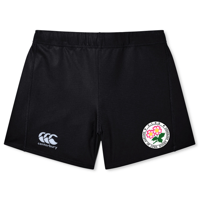 EMB Canterbury Society of Iowa Rugby Referees Women’s Yokohama Shorts—black athletic shorts featuring the Canterbury logo on the left leg and a circular floral emblem with Japanese text on the right leg, perfect as women’s rugby shorts.