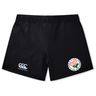 EMB Canterbury Society of Iowa Rugby Referees Women’s Yokohama Shorts—black athletic shorts featuring the Canterbury logo on the left leg and a circular floral emblem with Japanese text on the right leg, perfect as women’s rugby shorts.