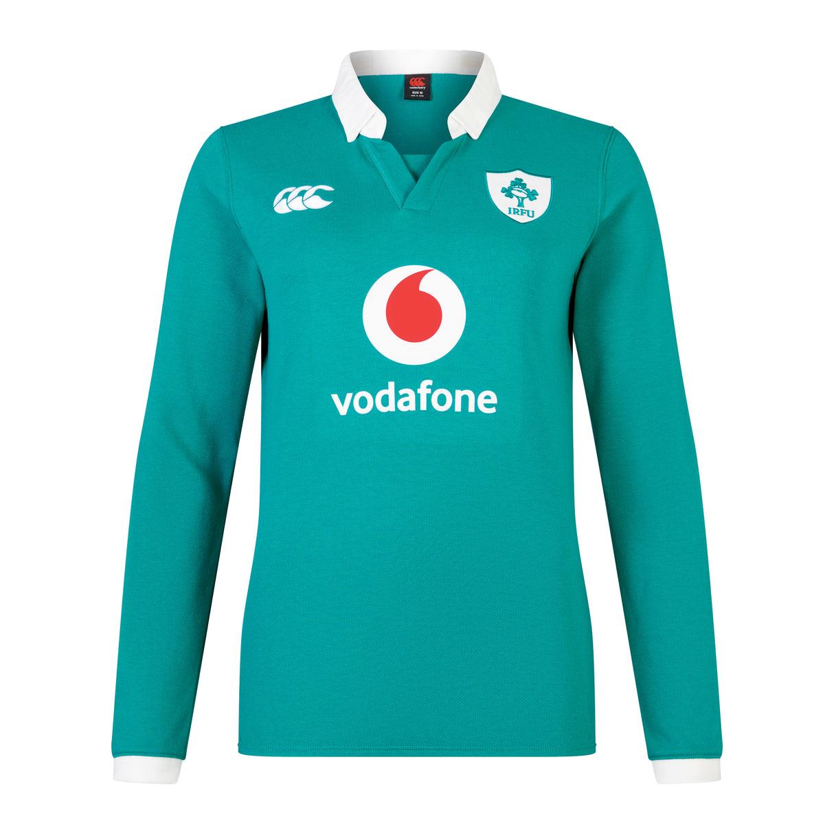 The Women's Ireland 25/26 Long Sleeve Classic Home Jersey by Canterbury features a green design with white collar, IRFU and Canterbury logos, Vodafone sponsor, and advanced VapoDri fabric for comfort and performance.