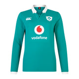 The Women's Ireland 25/26 Long Sleeve Classic Home Jersey by Canterbury features a green design with white collar, IRFU and Canterbury logos, Vodafone sponsor, and advanced VapoDri fabric for comfort and performance.