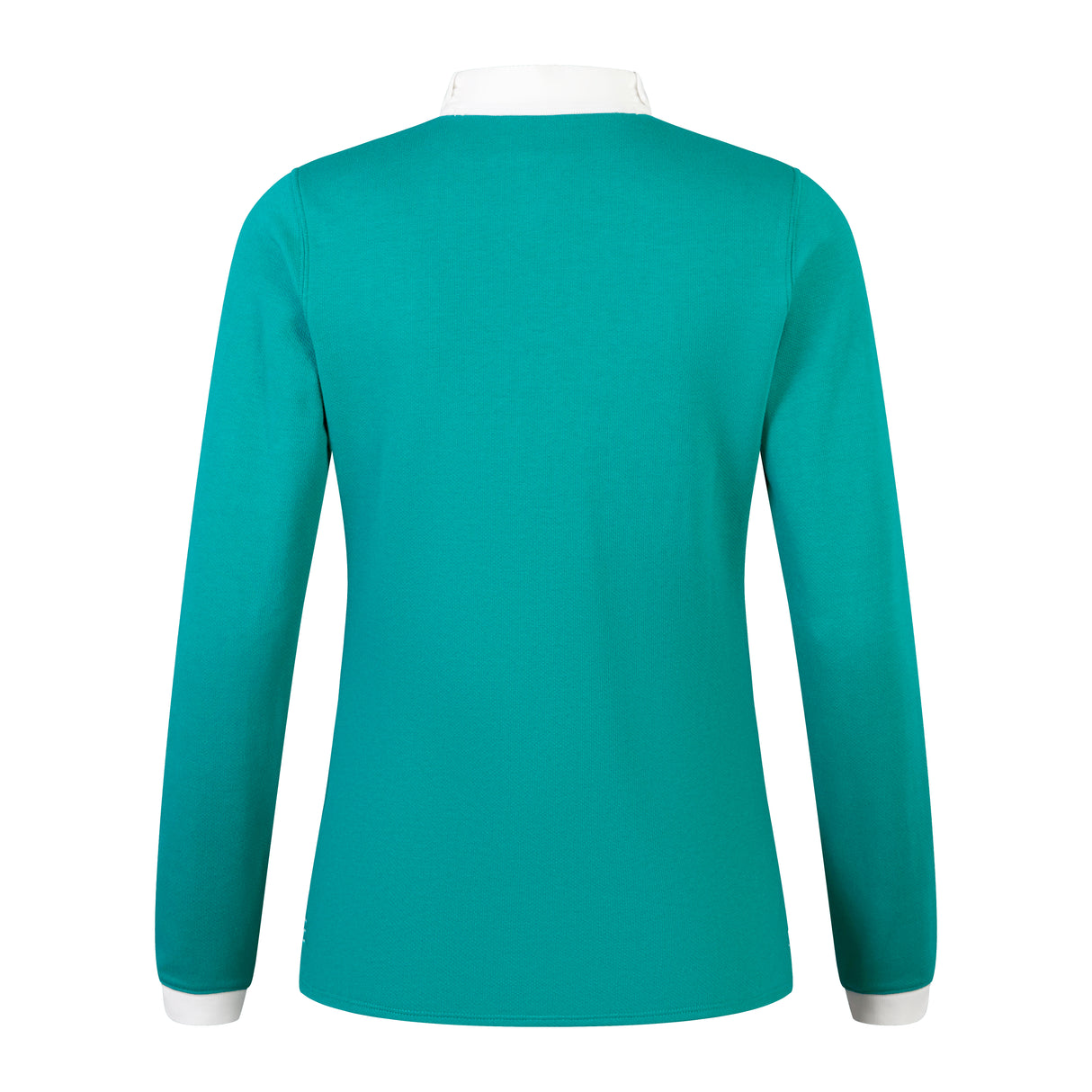 Back view of the Women's Ireland 25/26 Long Sleeve Classic Home Jersey by Canterbury in teal with VapoDri fabric, a white collar, and white sleeve cuffs, displayed on a plain background.