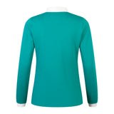Back view of the Women's Ireland 25/26 Long Sleeve Classic Home Jersey by Canterbury in teal with VapoDri fabric, a white collar, and white sleeve cuffs, displayed on a plain background.