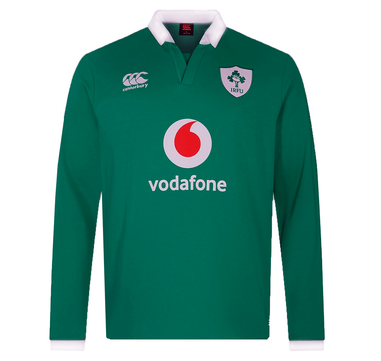 The Ireland Home Long Sleeve Classic Jersey 24 by Canterbury is a classic long sleeve rugby jersey in Irish green, featuring a white collar and cuffs. It proudly displays the Canterbury logo, Vodafone sponsor, and the IRFU emblem on the chest.