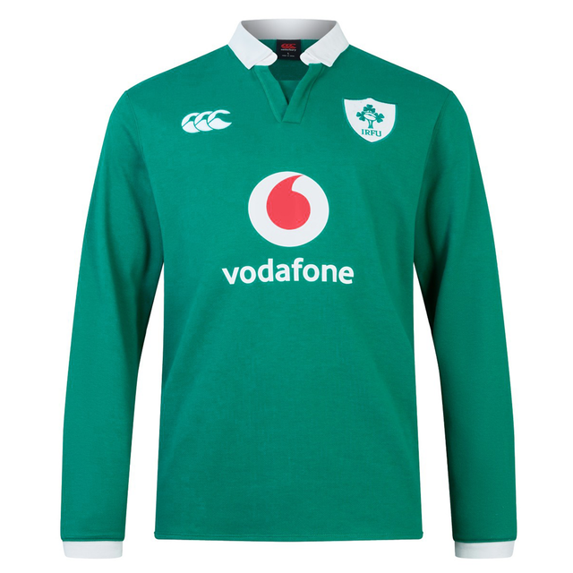 The Ireland 25/26 Long Sleeve Classic Home Jersey by Canterbury features a green design with a white collar, IRFU and Canterbury logos, and Vodafone sponsor—ideal for any Irish rugby fan.