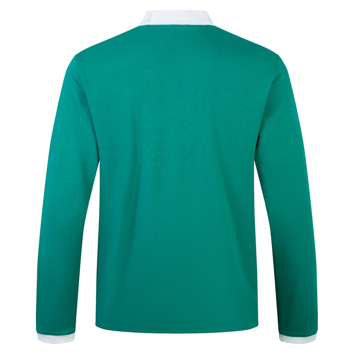Back view of the Ireland 25/26 Long Sleeve Classic Home Jersey by Canterbury, featuring a green design with white collar and cuffs, displayed against a plain background.