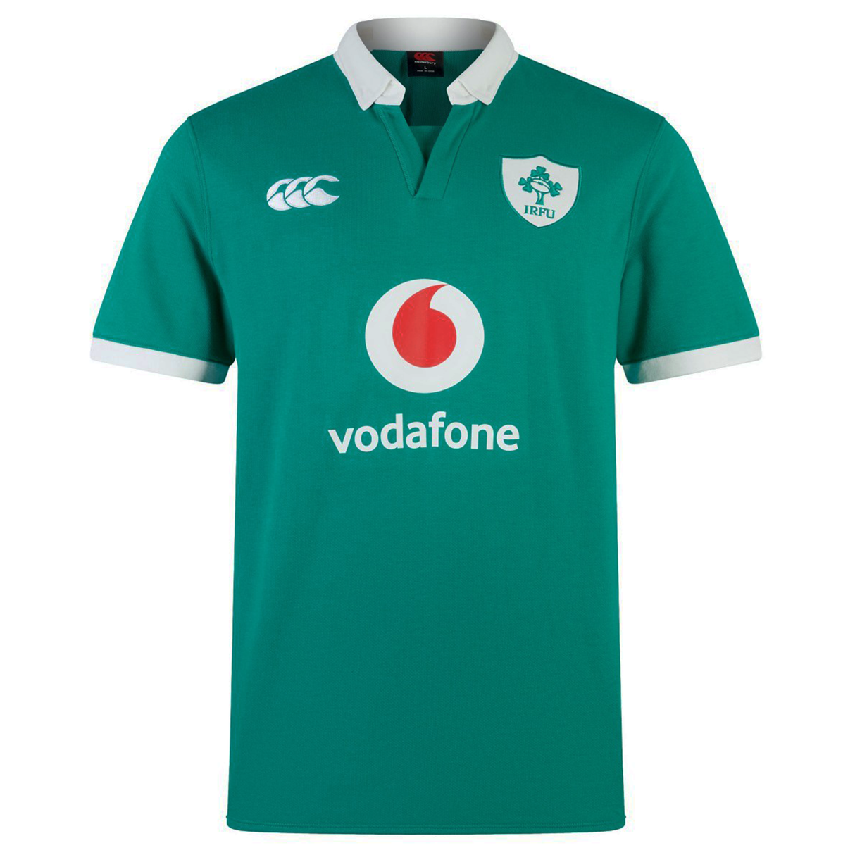 The Ireland 25/26 Classic Home Jersey by Canterbury features a green design with white collar and cuffs, plus the IRFU crest, Canterbury logo, and Vodafone sponsor on the front.