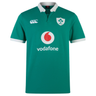 The Ireland 25/26 Classic Home Jersey by Canterbury features a green design with white collar and cuffs, plus the IRFU crest, Canterbury logo, and Vodafone sponsor on the front.