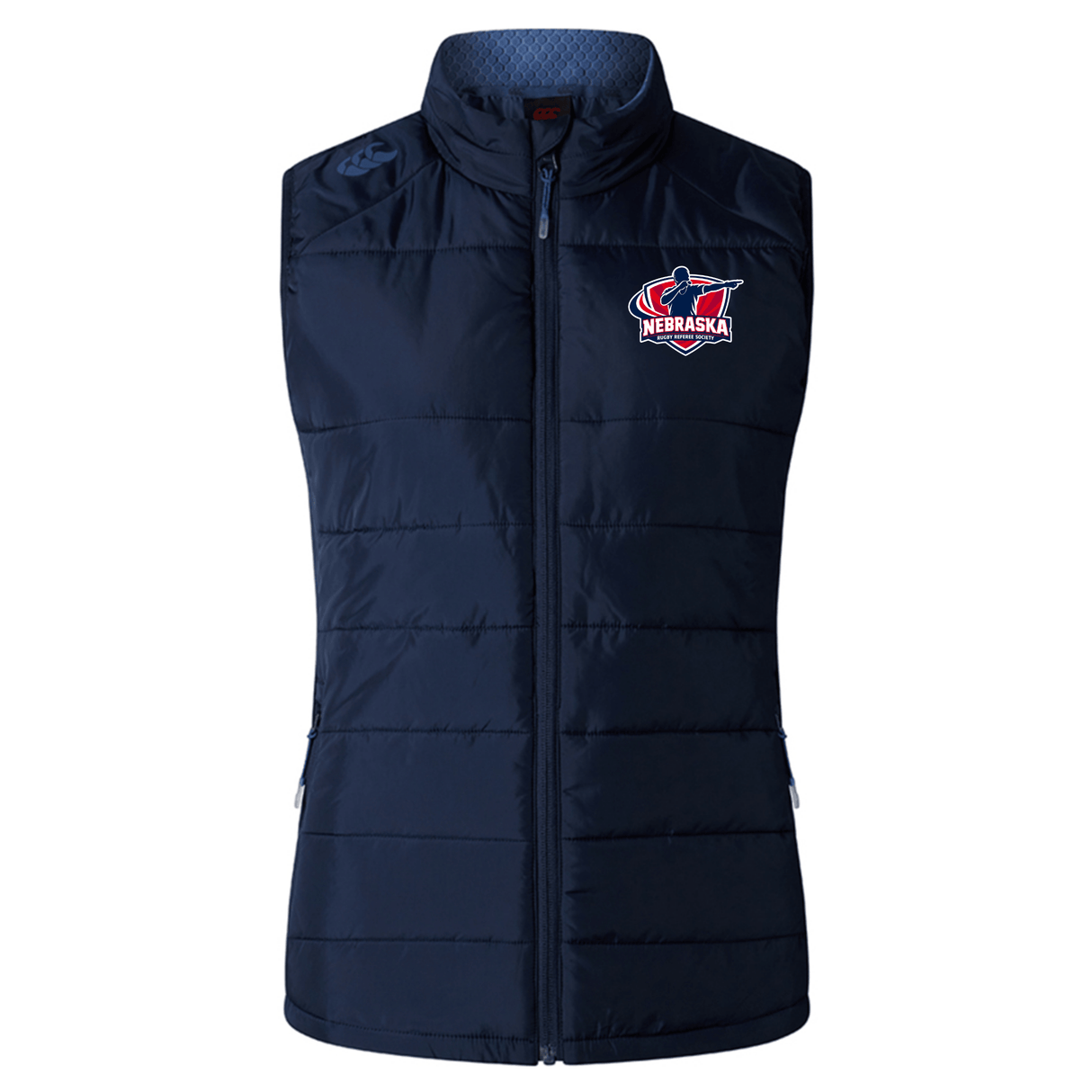 Stay warm and show your team pride with the EMB Canterbury Nebraska Rugby Referee Society Women's Elite Microlite Gilet, featuring a zip front, two side pockets, and navy fleece comfort—ideal for layering on cooler days.