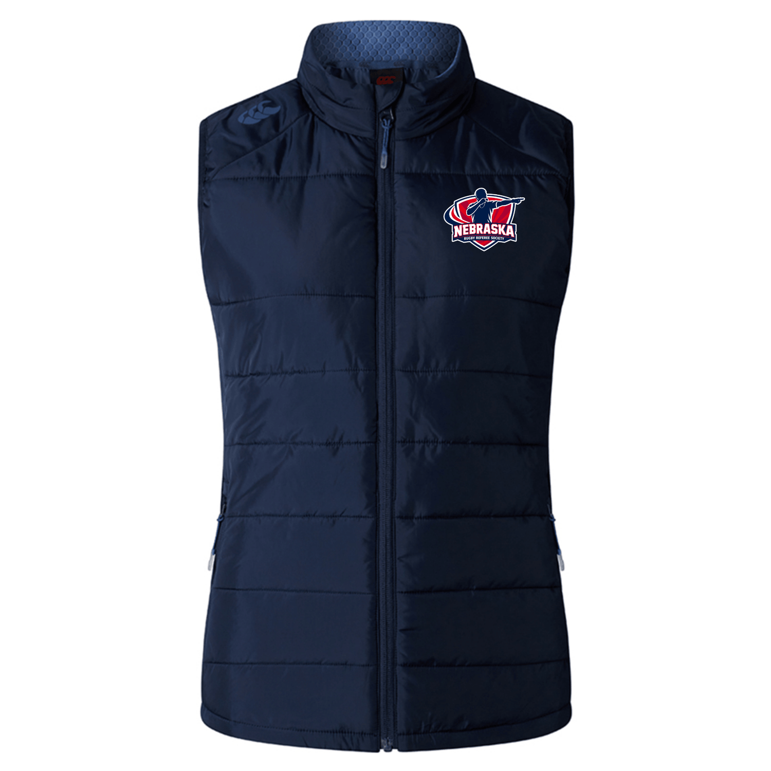 Stay warm and show your team pride with the EMB Canterbury Nebraska Rugby Referee Society Women's Elite Microlite Gilet, featuring a zip front, two side pockets, and navy fleece comfort—ideal for layering on cooler days.