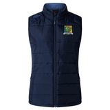 Navy blue quilted Takoma Touch Rugby Women’s Elite Microlite Gilet by Canterbury, featuring a zip-up front and a rugby club logo on the left chest.