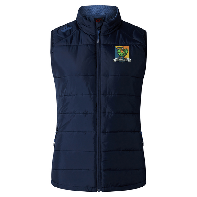 Navy blue quilted Takoma Touch Rugby Women’s Elite Microlite Gilet by Canterbury, featuring a zip-up front and a rugby club logo on the left chest.