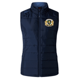 The Old Man Rivah Rugby Women's Elite Microlite Gilet by EMB Canterbury is a navy insulated hybrid vest with a zip front and gold and white crest logo on the left chest, shown on a plain white background.