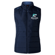The NC Rugby Academy - Megalodons Women's Elite Microlite Gilet by EMB Canterbury is a navy blue, sleeveless vest with a stand-up collar, front zipper, insulated baffles, and a shark logo on the left chest.