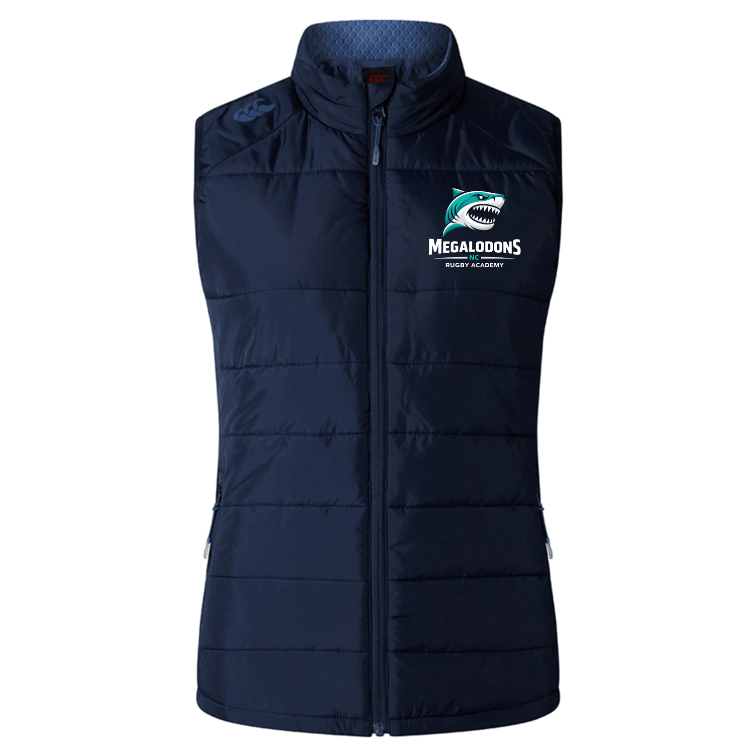 The NC Rugby Academy - Megalodons Women's Elite Microlite Gilet by EMB Canterbury is a navy blue, sleeveless vest with a stand-up collar, front zipper, insulated baffles, and a shark logo on the left chest.