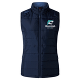 The NC Rugby Academy - Megalodons Women's Elite Microlite Gilet by EMB Canterbury is a navy blue, sleeveless vest with a stand-up collar, front zipper, insulated baffles, and a shark logo on the left chest.