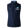 The NC Rugby Academy - Megalodons Women's Elite Microlite Gilet by EMB Canterbury is a navy blue, sleeveless vest with a stand-up collar, front zipper, insulated baffles, and a shark logo on the left chest.