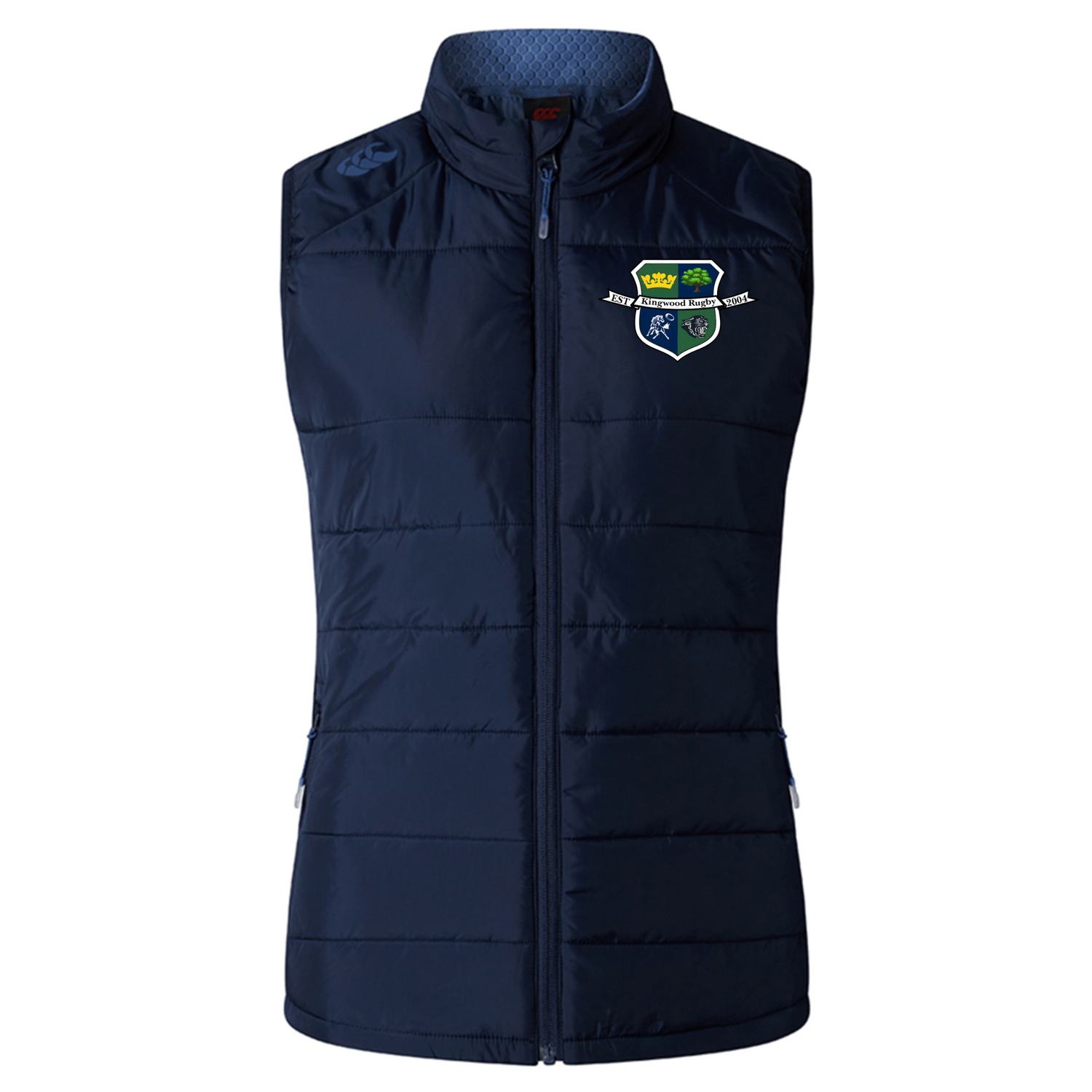The Kingwood Rugby Women's Elite Microlite Gilet by EMB Canterbury is a navy blue puffer vest featuring insulated baffles and a 2004 Kingwood Rugby crest on the left chest.