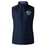 The Kingwood Rugby Women's Elite Microlite Gilet by EMB Canterbury is a navy blue puffer vest featuring insulated baffles and a 2004 Kingwood Rugby crest on the left chest.