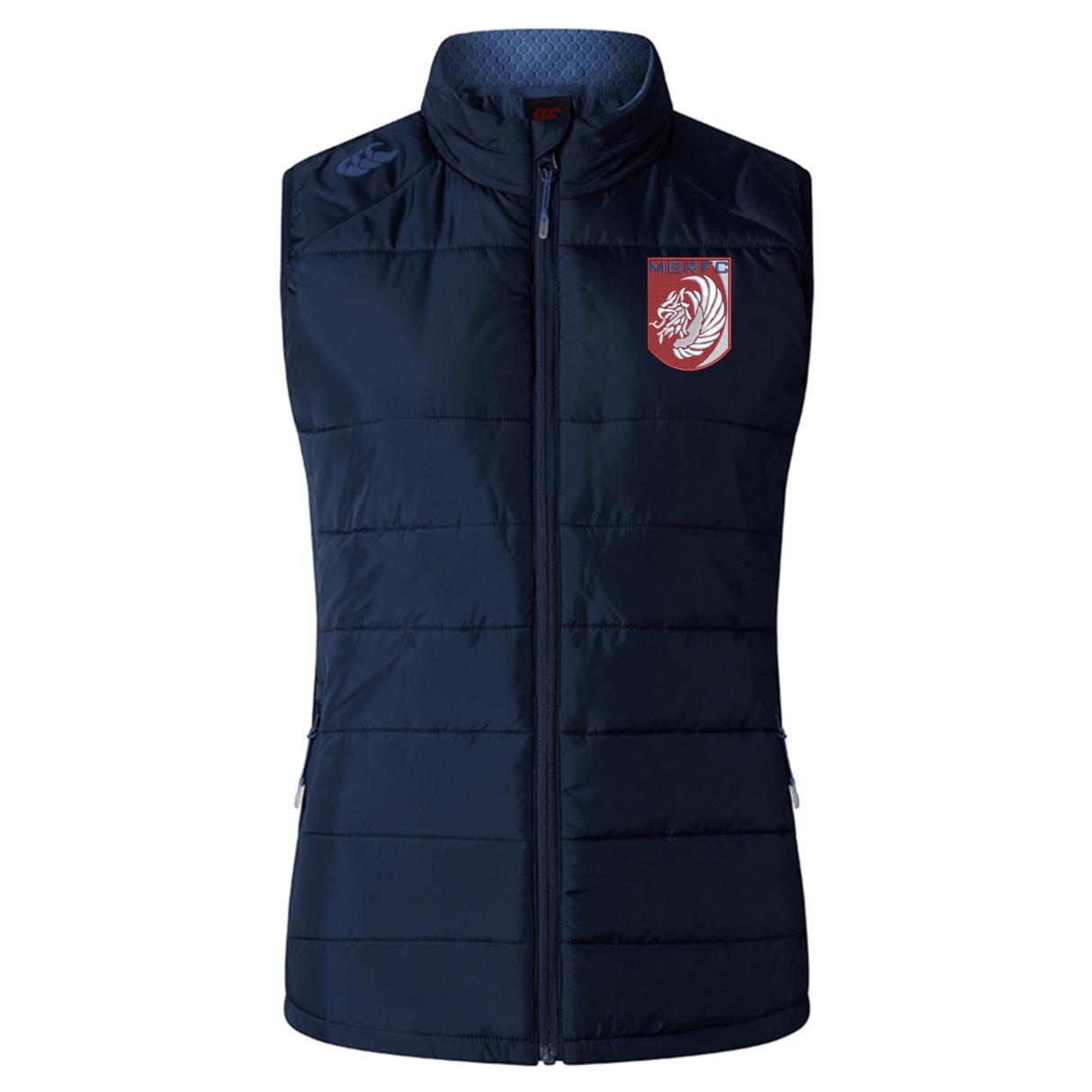 The Montgomery Bucks Griffins Women's Elite Microlite Gilet by Canterbury is a navy insulated vest with front zipper, high collar, and EMB Canterbury crest, perfect for chilly days.