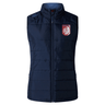 The Montgomery Bucks Griffins Women's Elite Microlite Gilet by Canterbury is a navy insulated vest with front zipper, high collar, and EMB Canterbury crest, perfect for chilly days.