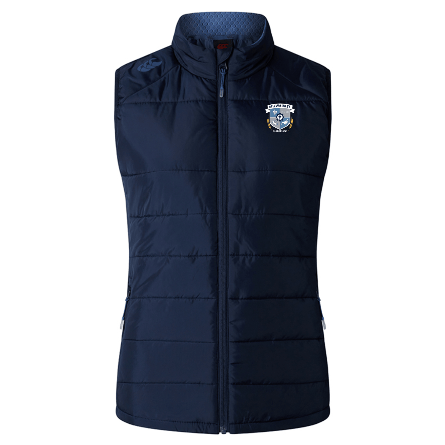 The Milwaukee Barbarians Rugby Women's Elite Microlite Gilet by EMB Canterbury features a front zipper, two side pockets, an embroidered crest on the left chest, and insulated Thermoreg fleece for extra warmth and comfort.