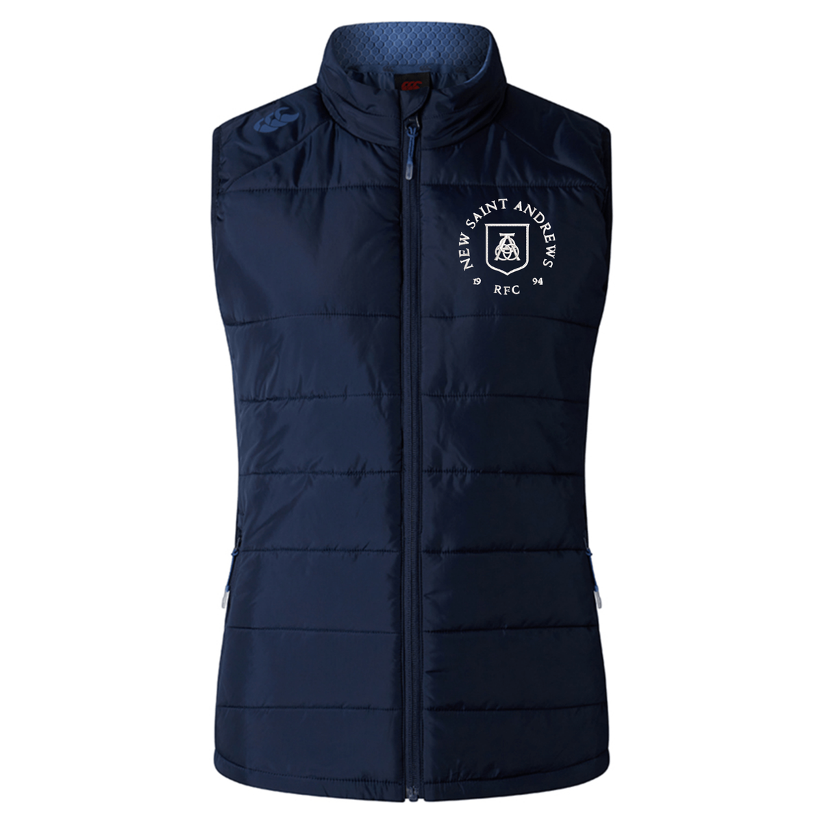 Introducing the New Saint Andrews College Women’s Elite Microlite Gilet by Canterbury: a navy blue, sleeveless insulated fleece vest featuring a front zipper and the “New Saint Andrews RFC” logo on the left chest, expertly crafted by EMB Canterbury for premium custom sportswear.