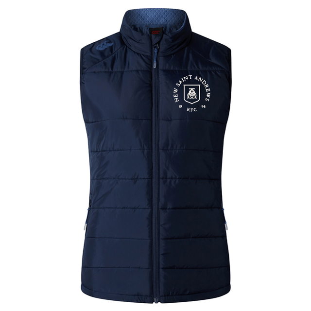 Introducing the New Saint Andrews College Women’s Elite Microlite Gilet by Canterbury: a navy blue, sleeveless insulated fleece vest featuring a front zipper and the “New Saint Andrews RFC” logo on the left chest, expertly crafted by EMB Canterbury for premium custom sportswear.