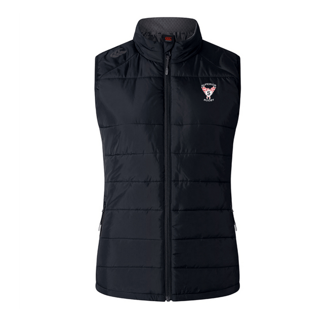 The EMB Canterbury Superior Rugby Club Women's Elite Microlite Gilet is a black, sleeveless insulated vest with a front zipper and an embroidered red "S" and "SOCCER" logo on the left chest.
