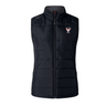 The EMB Canterbury Superior Rugby Club Women's Elite Microlite Gilet is a black, sleeveless insulated vest with a front zipper and an embroidered red "S" and "SOCCER" logo on the left chest.