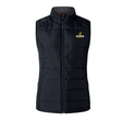 The EMB Canterbury Chicago Riot Women's Elite Microlite Gilet is a black, sleeveless sports vest with front zipper and a yellow, white, and black embroidered logo—ideal for style and warmth.