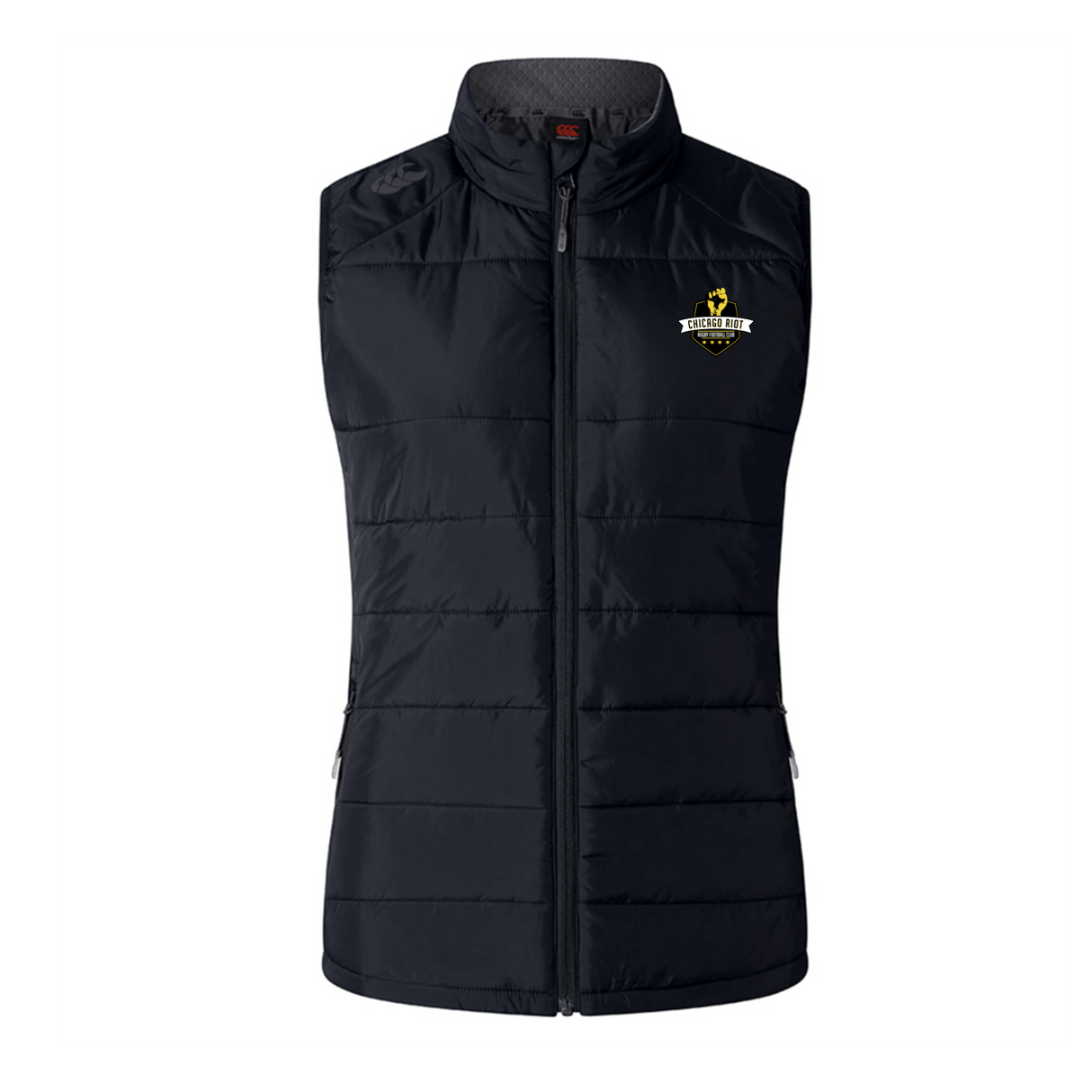 The EMB Canterbury Chicago Riot Women's Elite Microlite Gilet is a black, sleeveless sports vest with front zipper and a yellow, white, and black embroidered logo—ideal for style and warmth.