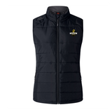 The EMB Canterbury Chicago Riot Women's Elite Microlite Gilet is a black, sleeveless sports vest with front zipper and a yellow, white, and black embroidered logo—ideal for style and warmth.