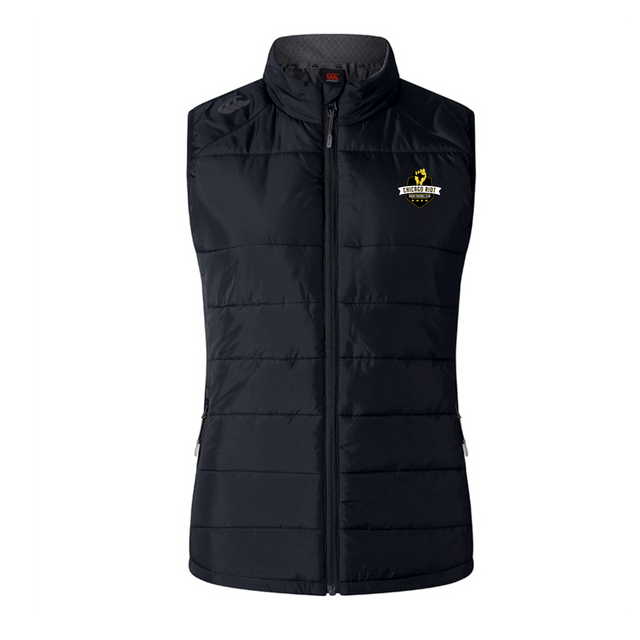 The EMB Canterbury Chicago Riot Women's Elite Microlite Gilet is a black, sleeveless sports vest with front zipper and a yellow, white, and black embroidered logo—ideal for style and warmth.