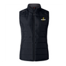 The EMB Canterbury Chicago Riot Women's Elite Microlite Gilet is a black, sleeveless sports vest with front zipper and a yellow, white, and black embroidered logo—ideal for style and warmth.