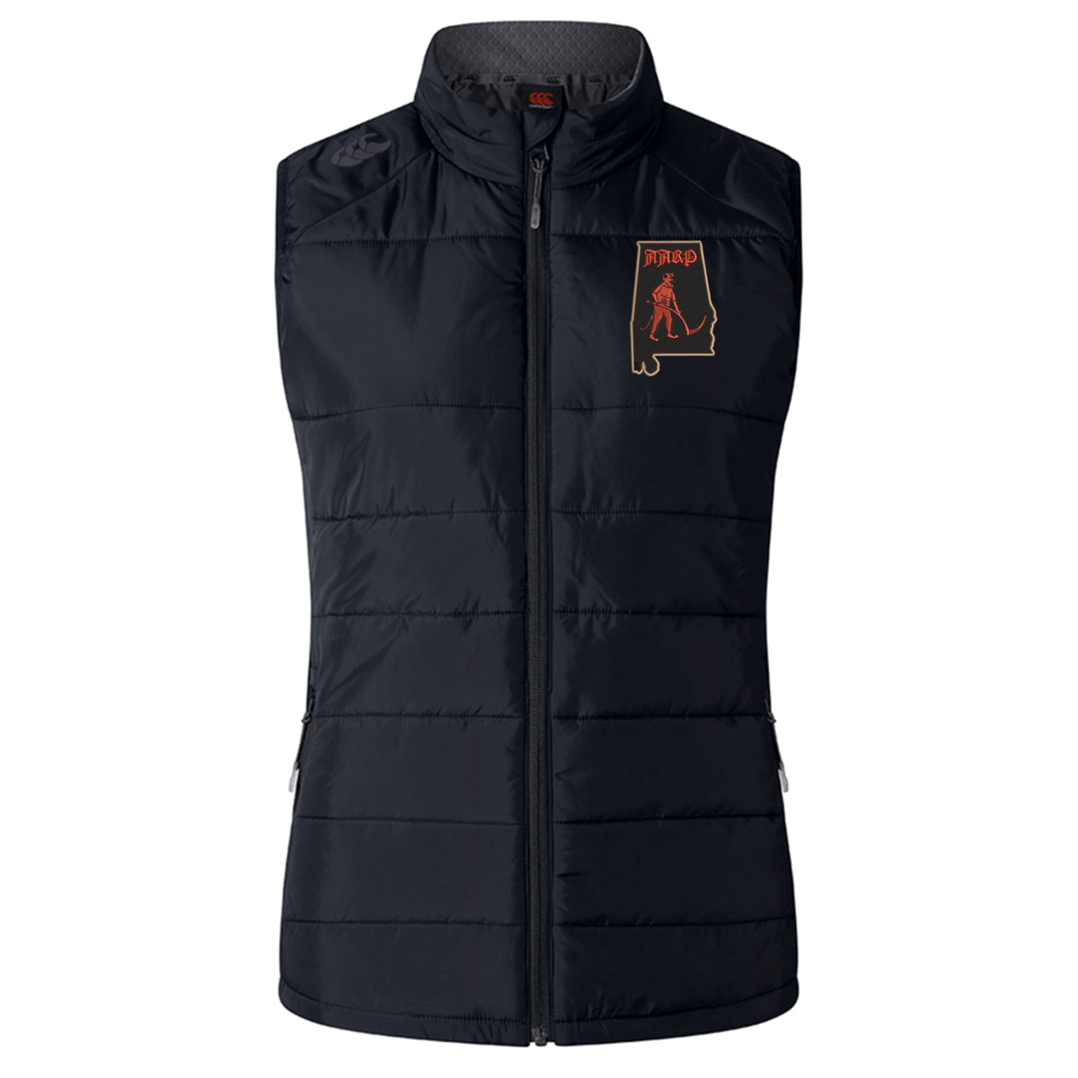 Aging Alabama Rugby Players Women’s Elite Microlite Gilet by EMB Canterbury featuring an Alabama state outline logo with a figure holding a scythe.