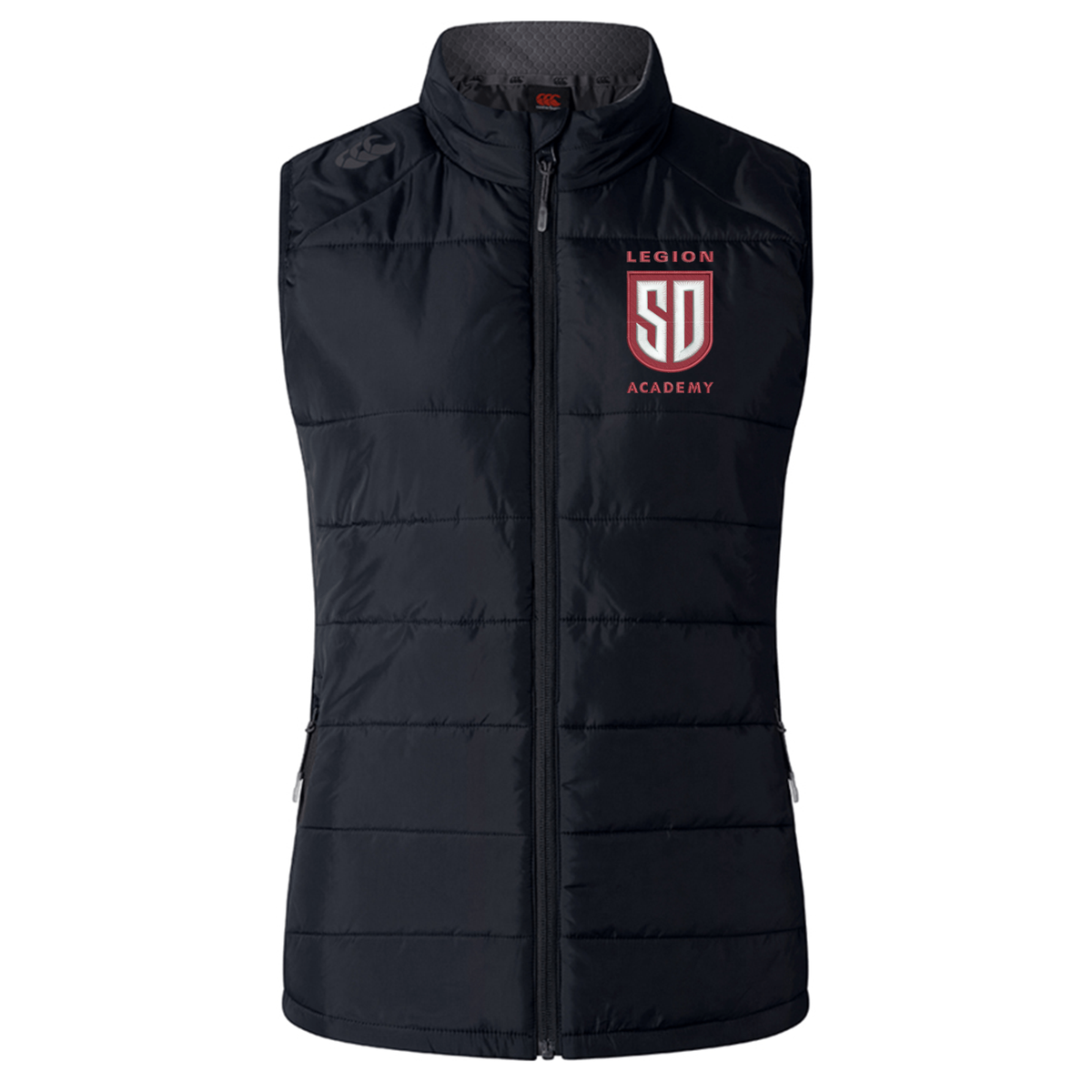 Black quilted Thermoreg bonded fleece Legion Academy Women’s Elite Microlite Gilet featuring the red and white “LEGION SD ACADEMY” shield logo on the chest.