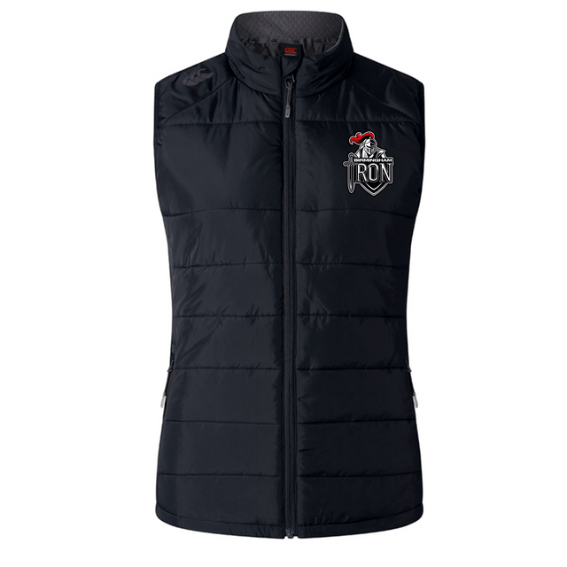 The EMB Canterbury Birmingham Iron Women's Football Elite Microlite Gilet is a black, sleeveless insulated vest with a front zip, two side pockets, and an embroidered IRON logo and graphic on the left chest.