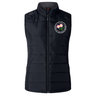The Society of Iowa Rugby Referees Women’s Elite Microlite Gilet by EMB Canterbury is a black, quilted insulated fleece vest with a zip closure and two side pockets, featuring a circular patch with pink flowers and text on the left chest—an ideal choice for those who appreciate custom-made sportswear with stylish details.