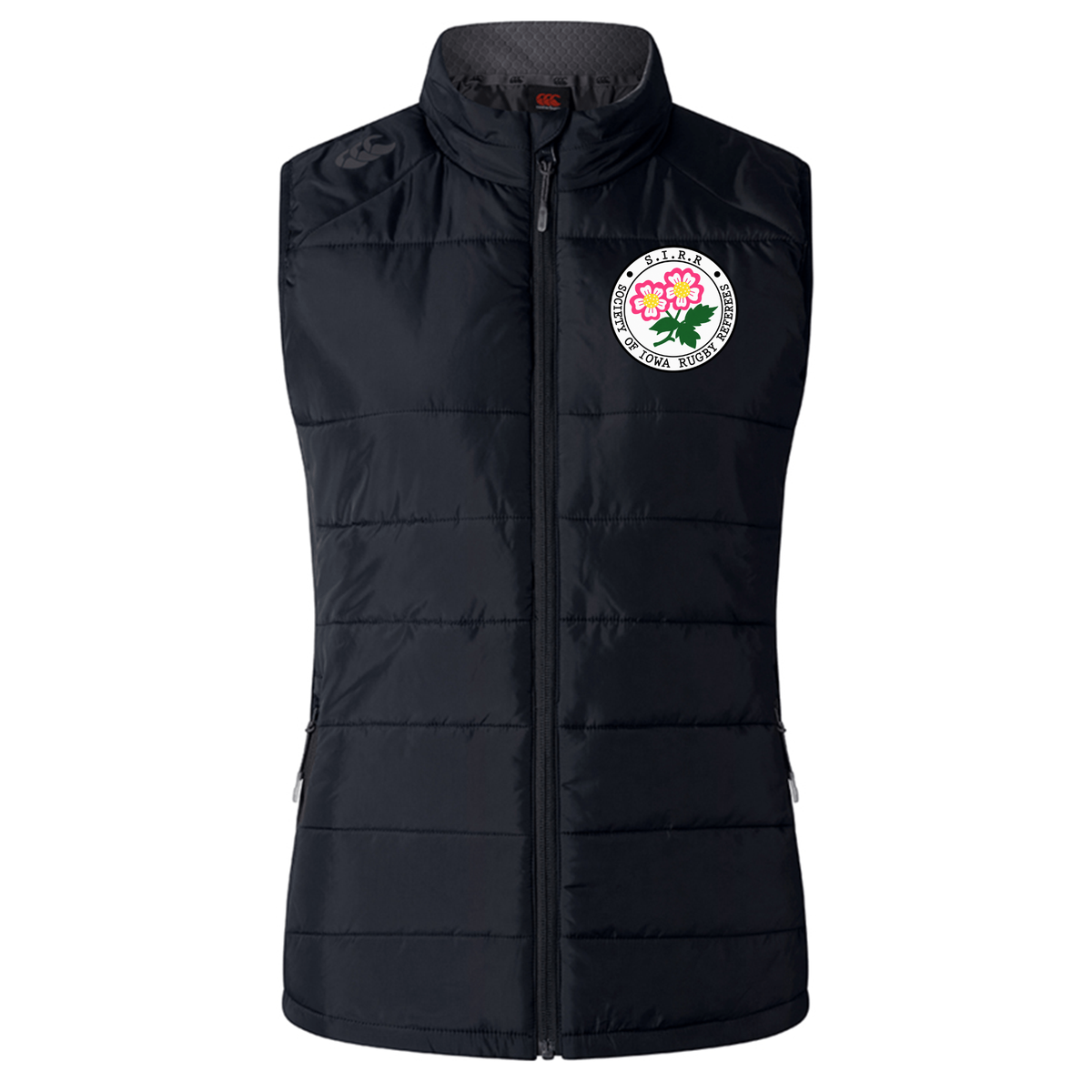 The Society of Iowa Rugby Referees Women’s Elite Microlite Gilet by EMB Canterbury is a black sleeveless puffer vest with a front zipper and two side pockets, featuring a white circular floral logo on the left chest; this insulated fleece vest is perfect for layering in cooler weather.