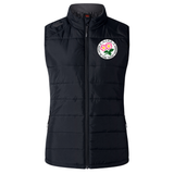 The Society of Iowa Rugby Referees Women’s Elite Microlite Gilet by EMB Canterbury is a black sleeveless puffer vest with a front zipper and two side pockets, featuring a white circular floral logo on the left chest; this insulated fleece vest is perfect for layering in cooler weather.